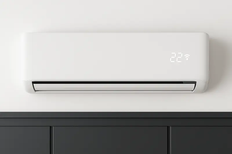 Aire acondicionado inteligente controlado por app en una sala moderna, con ajustes de temperatura y funciones remotas visibles en pantalla ahorro energetico