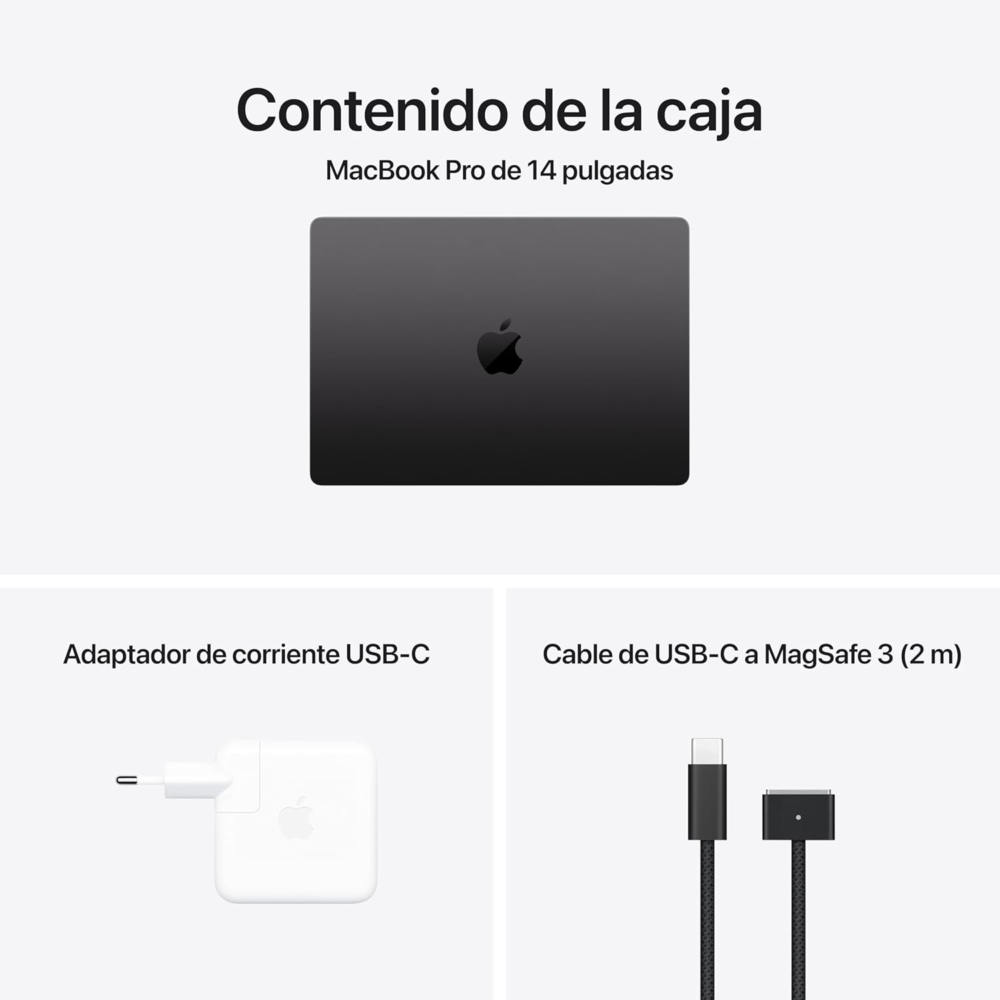 Contenido de la caja del MacBook Pro Chip M4 Contenido de la caja al comprar el MacBook Pro Chip M4 - Imagen ilustrativa propiedad de Apple