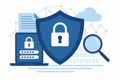 Ilustración digital de ciberseguridad con candado, red de datos y elementos tecnológicos representando protección de información información personal