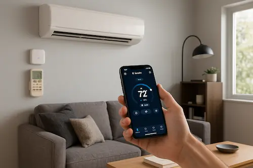 Dispositivo Sensibo Air conectado a un aire acondicionado convencional para controlarlo desde el móvil con funciones inteligentes Aire Acondicionado Inteligente