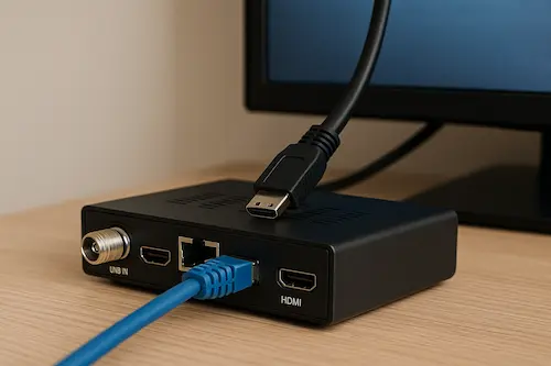 Decodificador 4K conectado por HDMI y red al televisor, listo para transmitir contenido UHD decodificador satélite 4K