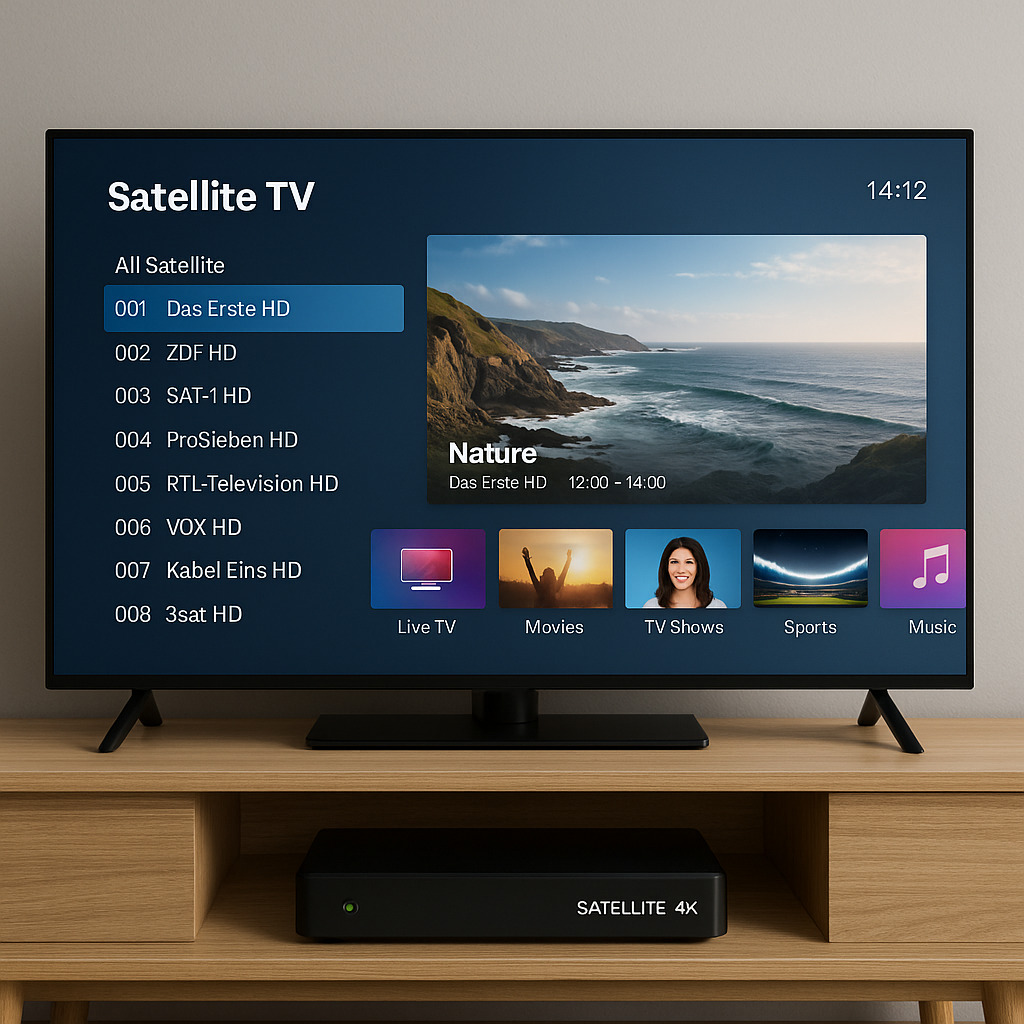 Interfaz de televisión satélite 4K en funcionamiento con equipo encendido en el salón. Top decodificadores satélite 4K