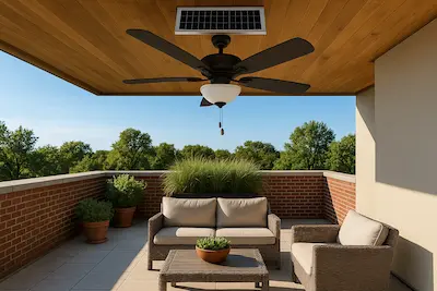 Ventilador de techo solar en terraza moderna con panel fotovoltaico y muebles de exterior. ventilador de techo con wifi