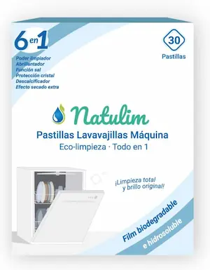 Imagen del paquete de Natulim Pastillas de Lavavajillas Biodegradables 6 en 1 con funciones de limpieza profunda, abrillantado, descalcificador y efecto secado extra. Pastillas de Lavavajillas