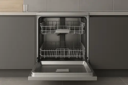 Lavavajillas Bosch SMS2HTI60E abierto mostrando el interior de acero inoxidable y cestas vacías en cocina moderna electrodomesticos bosch