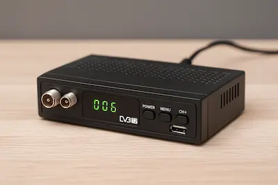 Vista detallada de un decodificador TDT DVB-T2 con interfaz física frontal activa. decodificador pata TV