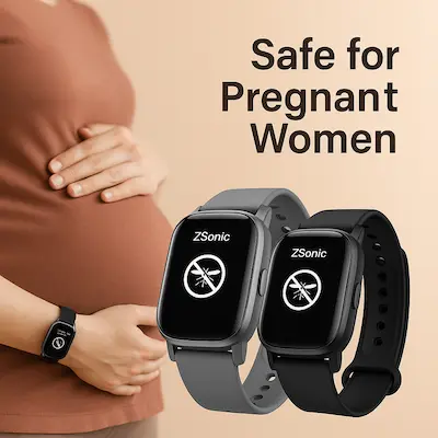 alt="Pulseras ZSonic negras y grises en primer plano con mujer embarazada de fondo, destacando que son seguras durante el embarazo" protección contra mosquitos