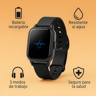 Pulsera ZSonic antimosquitos en el centro con iconos de batería, impermeabilidad, modos ultrasónicos y seguridad para la salud. repelente ultrasónico