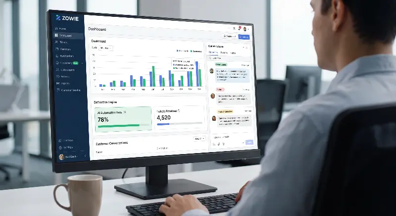Panel de control de la plataforma Zowie AI mostrando una tasa de automatización del 78% y métricas de resolución de tickets para soporte en e-commerce de alto volume default