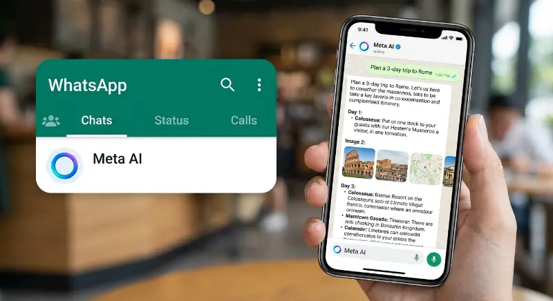 Primer plano de una mano sosteniendo un smartphone que muestra la interfaz de chat de WhatsApp. La conversación es con el asistente "Meta AI", que proporciona un itinerario de viaje detallado de 3 días a Roma, incluyendo texto e imágenes de lugares emblemáticos como el Coliseo, en respuesta a una petición del usuario. Un recuadro insertado muestra la presencia de "Meta AI" en la lista principal de chats de la aplicación. IA Integration