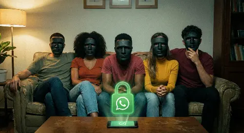 Grupo de cinco amigos sentados en un sofá con máscaras oscuras y anónimas, mirando un smartphone sobre una mesa que proyecta un icono de candado verde brillante con el logotipo de WhatsApp en su interior, simbolizando la seguridad y privacidad en los chats grupales. IA Integration