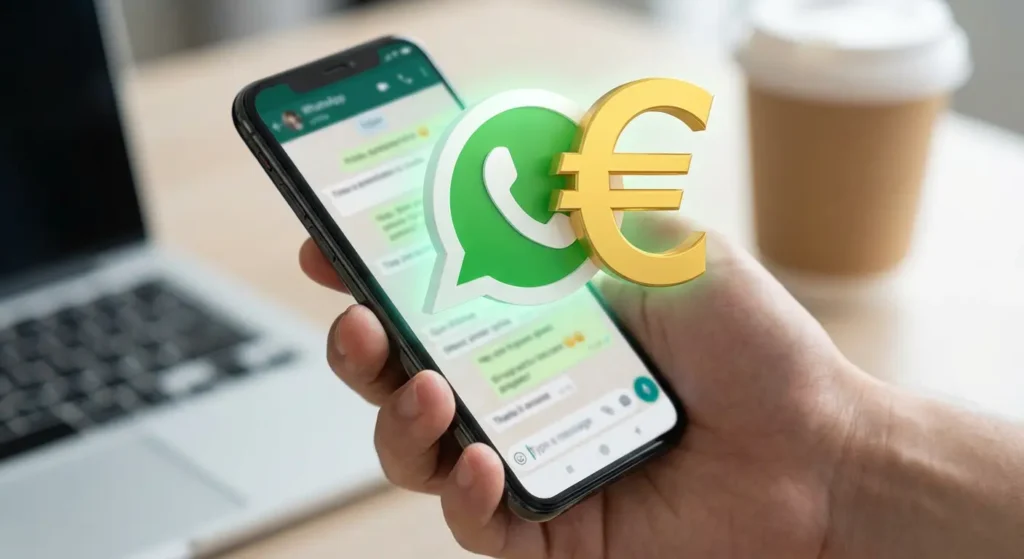 Primer plano de una mano sosteniendo un smartphone con la interfaz de chat de WhatsApp visible en la pantalla. Sobre el teléfono, flotan un icono 3D verde del logotipo de WhatsApp y un símbolo del Euro (€) dorado y tridimensional, representando la conexión entre la aplicación y transacciones económicas o modelos de pago. IA Integration