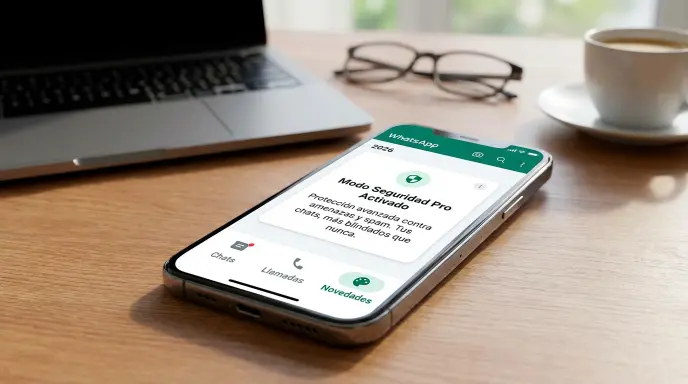 Smartphone mostrando la interfaz de WhatsApp en 2026 con la notificación de 'Modo Seguridad Pro Activado' y la pestaña Novedades visible.